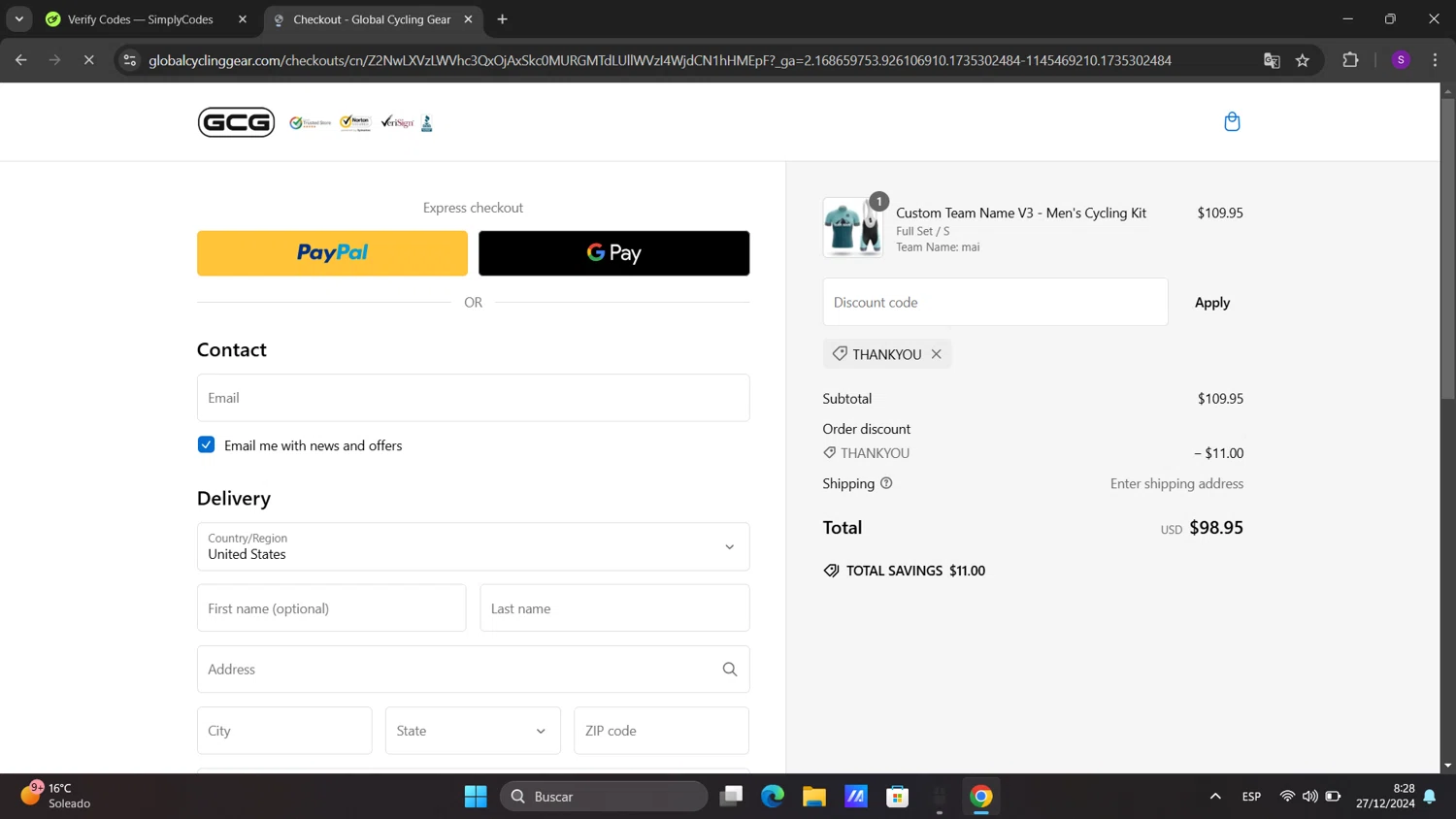 Global Cycling Gear discount code screenshot showing code THANKYOU applied at Global Cycling Gear checkout page. Uploaded by SimplyCodes community member sorialbam on Dec 27, 2024