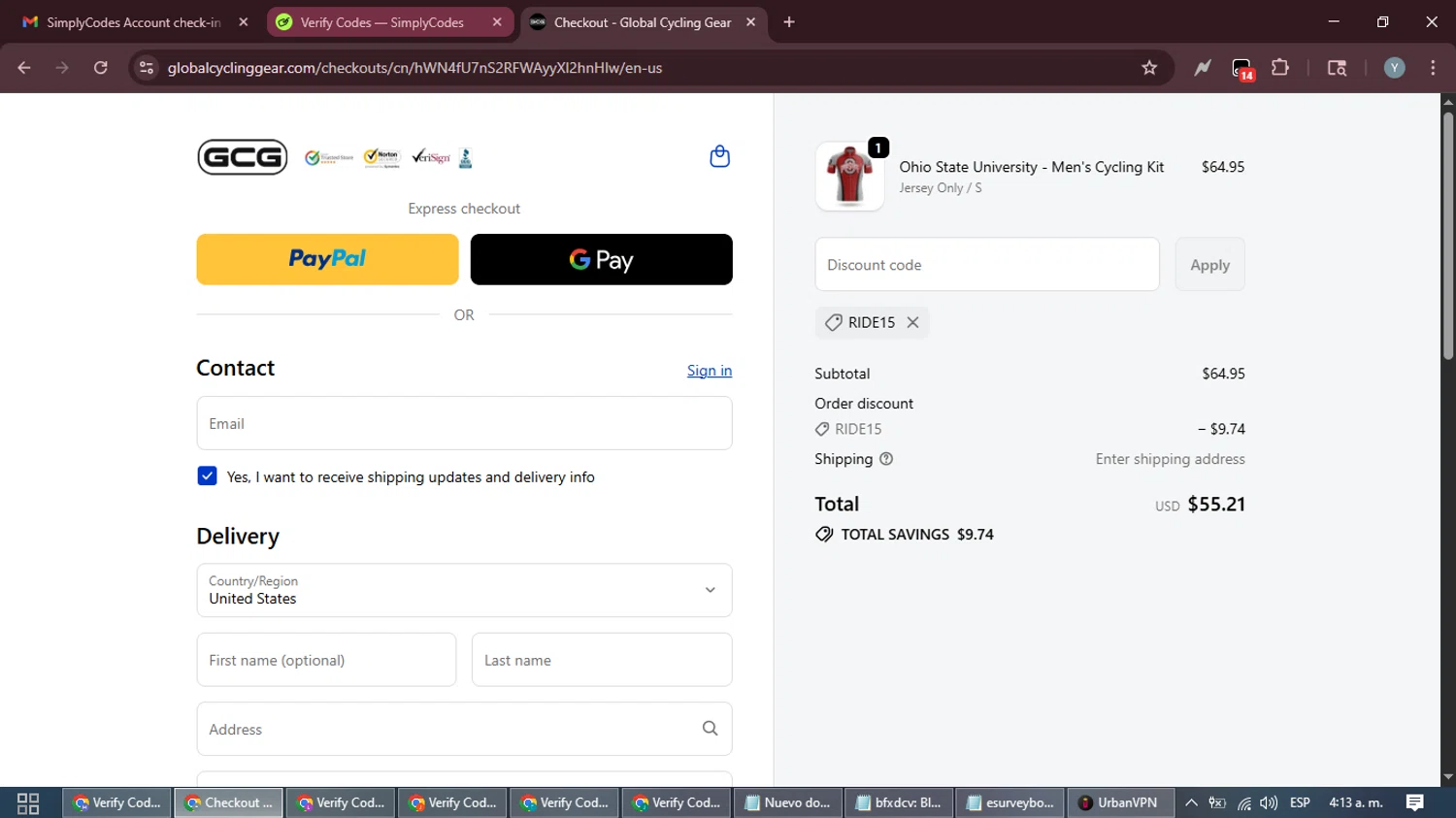 Global Cycling Gear discount code screenshot showing code RIDE15 applied at Global Cycling Gear checkout page. Uploaded by SimplyCodes community member MoneyTiger5162 on Oct 29, 2025