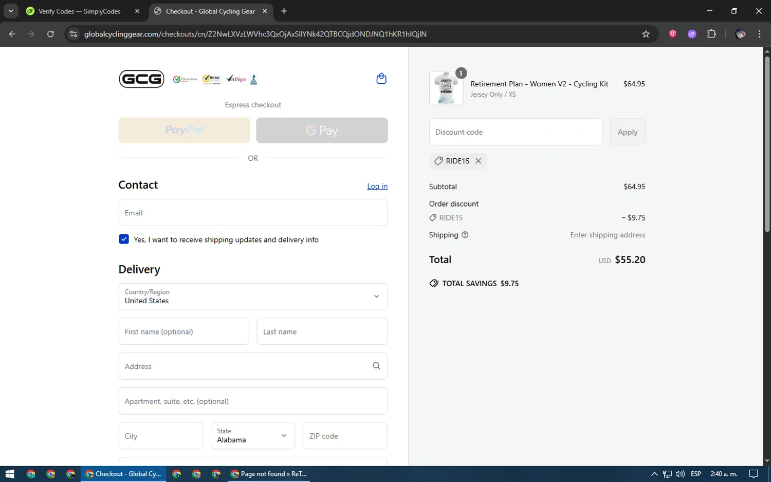 Global Cycling Gear discount code screenshot showing code RIDE15 applied at Global Cycling Gear checkout page. Uploaded by SimplyCodes community member NobleGenius1697 on Jun 29, 2025