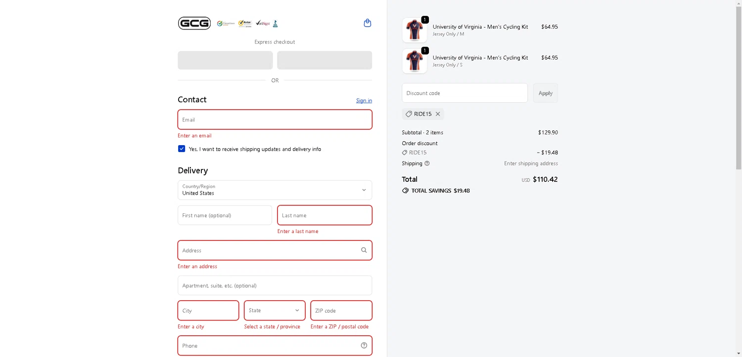 Global Cycling Gear discount code screenshot showing code RIDE15 applied at Global Cycling Gear checkout page. Uploaded by SimplyCodes community member aver_136263192 on Oct 1, 2025