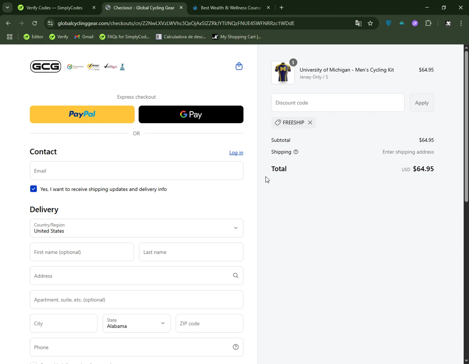 Global Cycling Gear discount code screenshot showing code FREESHIP applied at Global Cycling Gear checkout page. Uploaded by SimplyCodes community member FelixelGato on May 23, 2025