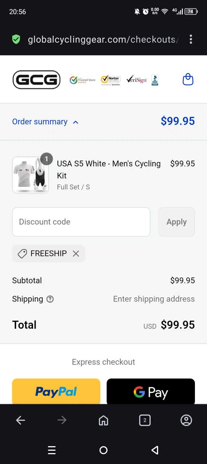 Global Cycling Gear discount code screenshot showing code FREESHIP applied at Global Cycling Gear checkout page. Uploaded by SimplyCodes community member Olivatle37 on Apr 24, 2025