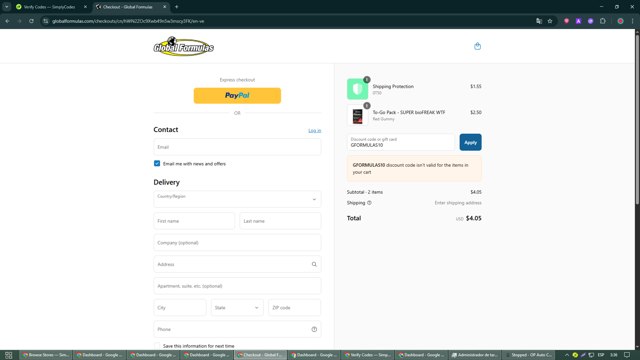Global Formulas checkout page showing Global Formulas discount code box | Screenshot taken by SimplyCodes community member on Sep 4, 2025