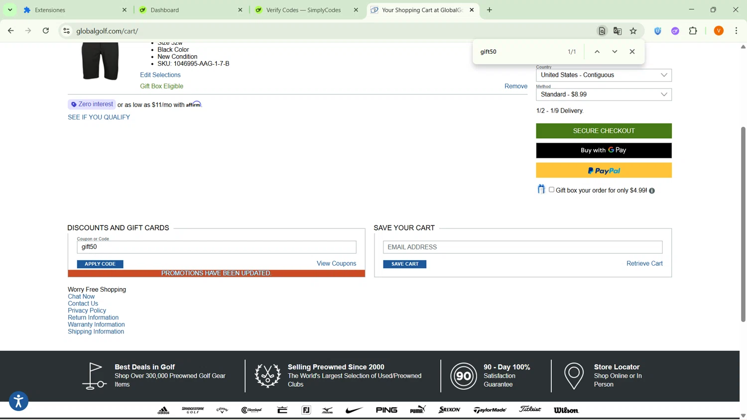 Global Golf promo code screenshot showing code gift50 applied at Global Golf checkout page. Uploaded by SimplyCodes community member ExtraordinarySaver9637 on Dec 27, 2025