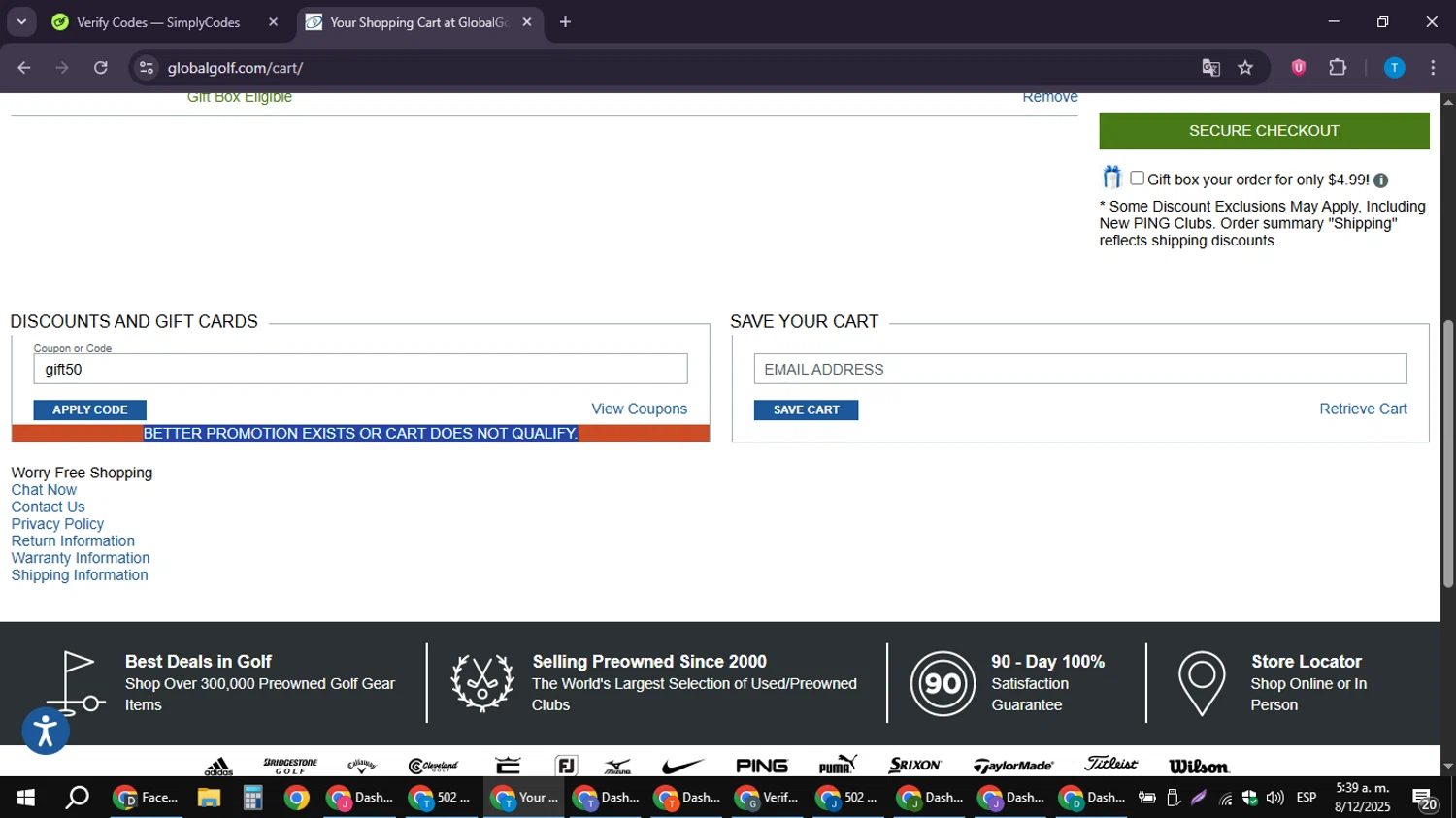 Global Golf promo code screenshot showing code gift50 applied at Global Golf checkout page. Uploaded by SimplyCodes community member LuckyPioneer4530 on Dec 8, 2025