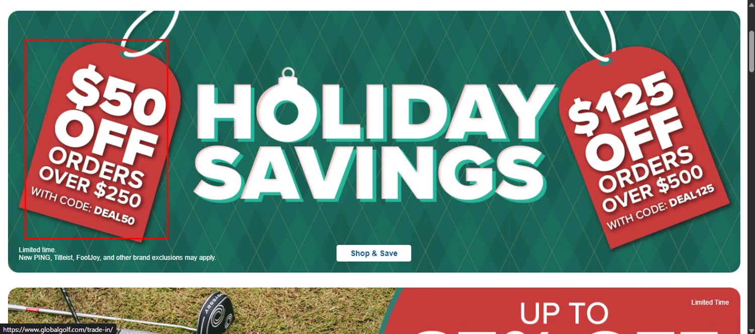 Global Golf promo code screenshot showing code DEAL50 applied at Global Golf checkout page. Uploaded by SimplyCodes community member noworries on Dec 22, 2025