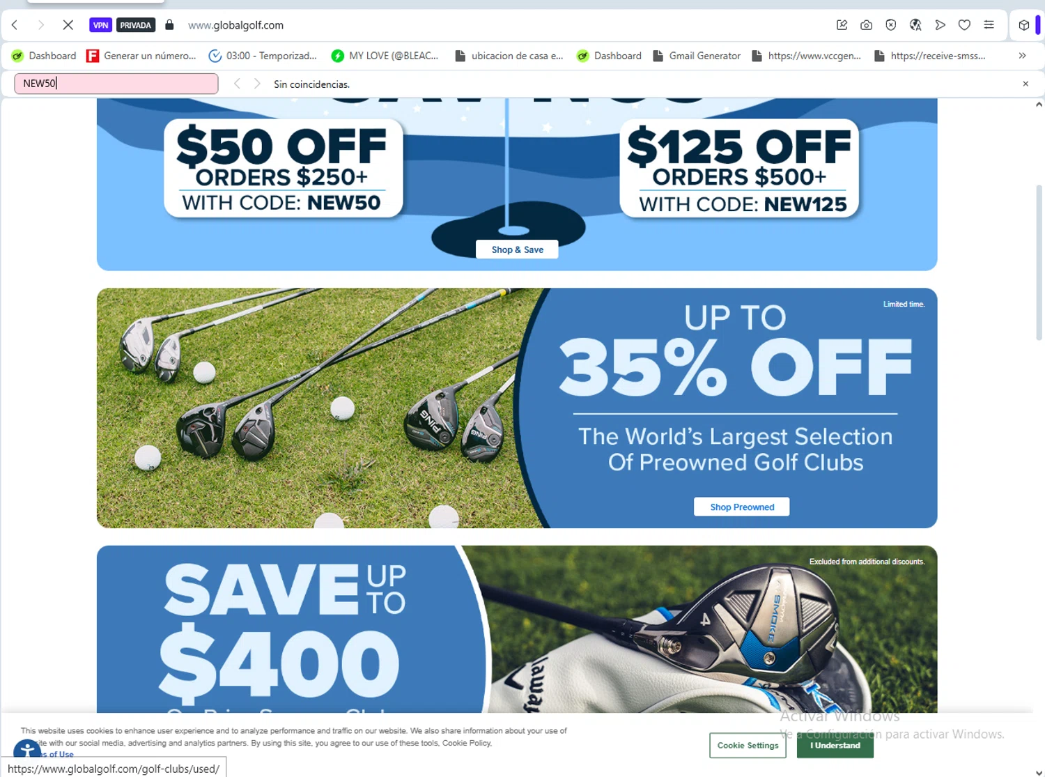 Global Golf promo code screenshot showing code NEW50 applied at Global Golf checkout page. Uploaded by SimplyCodes community member luissilva2 on Dec 29, 2025