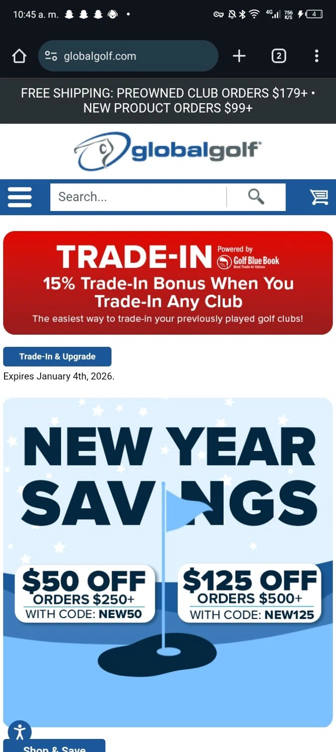 Global Golf promo code screenshot showing code NEW125 applied at Global Golf checkout page. Uploaded by SimplyCodes community member JandryV on Dec 29, 2025