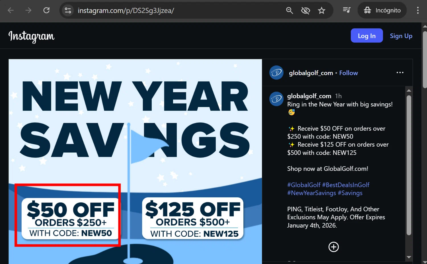 Global Golf promo code screenshot showing code NEW50 applied at Global Golf checkout page. Uploaded by SimplyCodes community member anosesmith on Dec 29, 2025