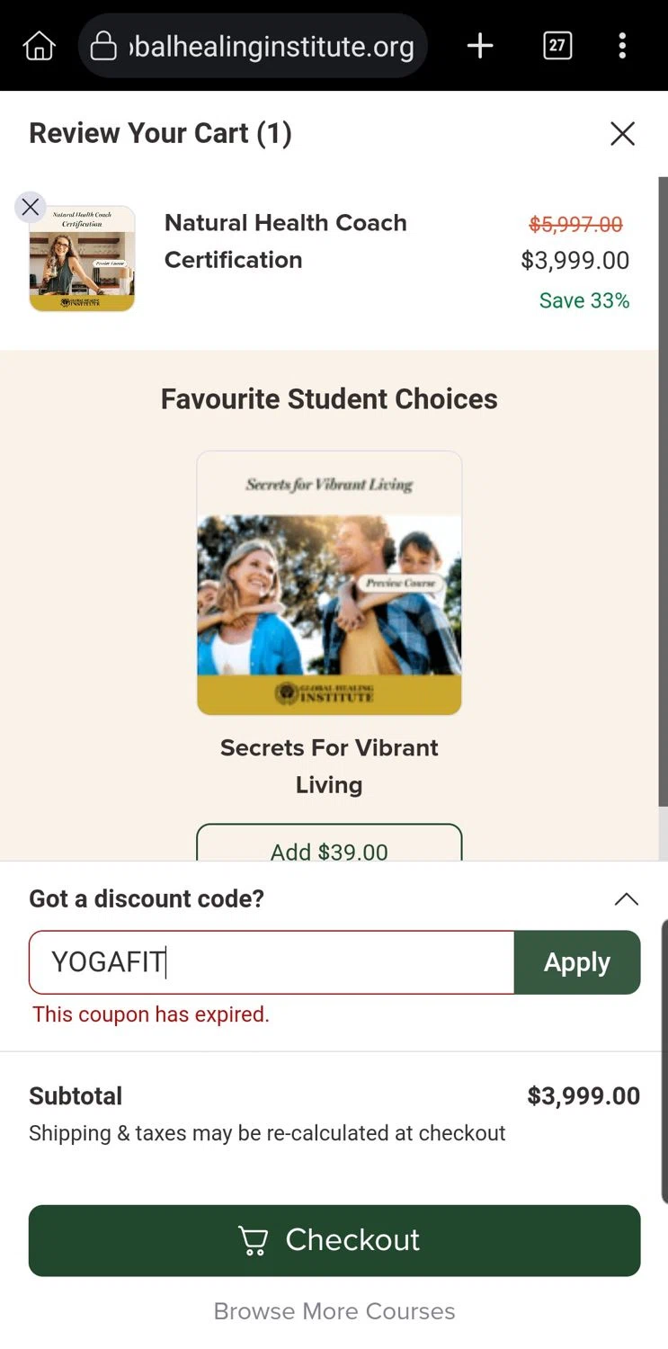 Global Healing Institute promo code screenshot showing code YOGAFIT applied at Global Healing Institute checkout page. Uploaded by SimplyCodes community member Carloslvz on Oct 29, 2025