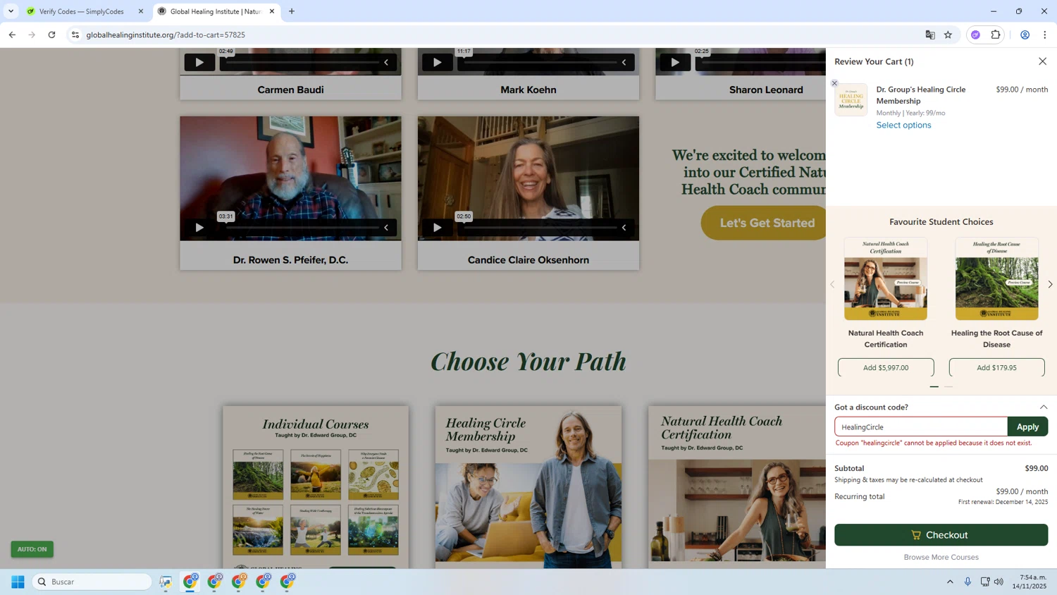 Global Healing Institute promo code screenshot showing code HealingCircle applied at Global Healing Institute checkout page. Uploaded by SimplyCodes community member MRYORMAN on Nov 14, 2025