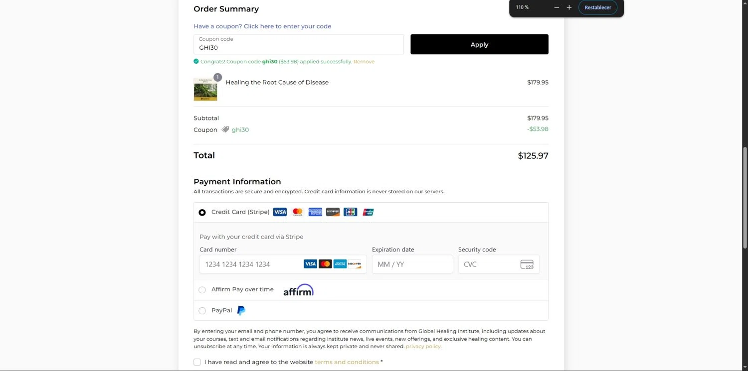 Global Healing Institute promo code screenshot showing code GHI30 applied at Global Healing Institute checkout page. Uploaded by SimplyCodes community member Depressive on Dec 29, 2025