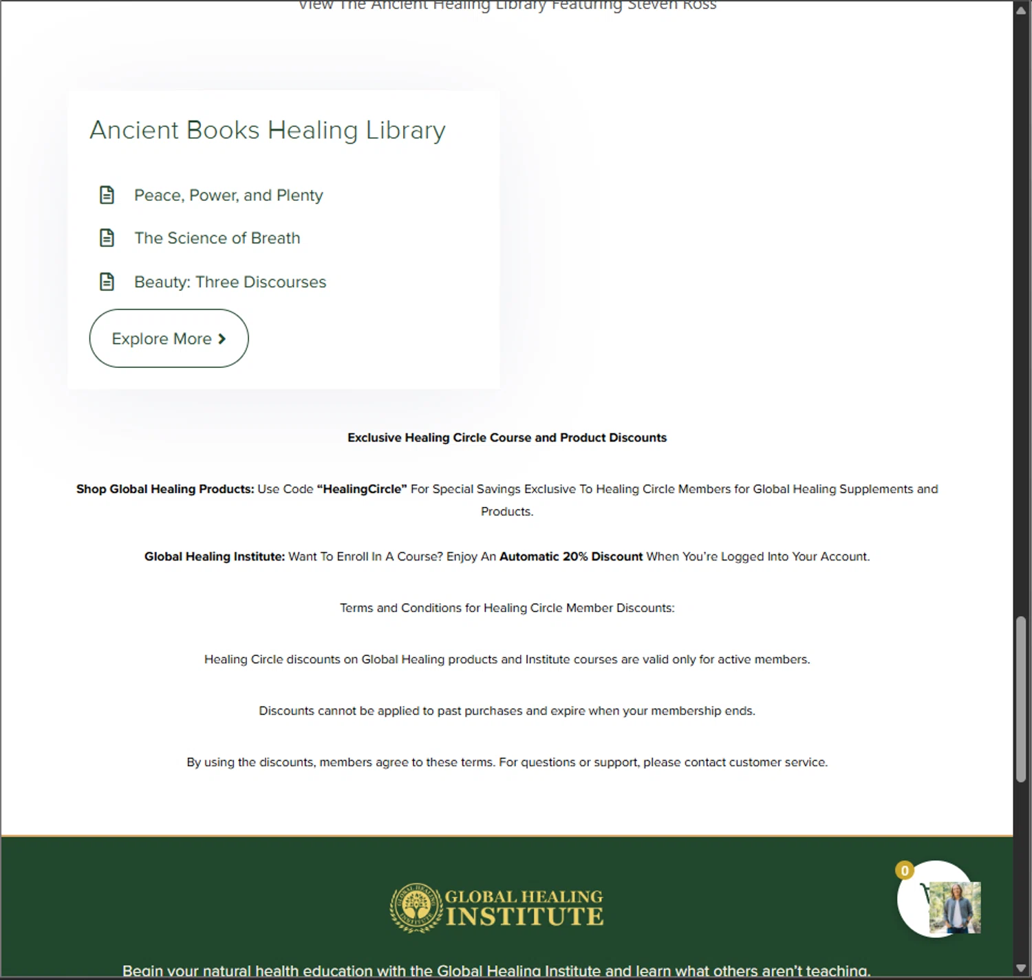 Global Healing Institute promo code screenshot showing code HealingCircle applied at Global Healing Institute checkout page. Uploaded by SimplyCodes community member PillarsofCreation on Oct 16, 2025