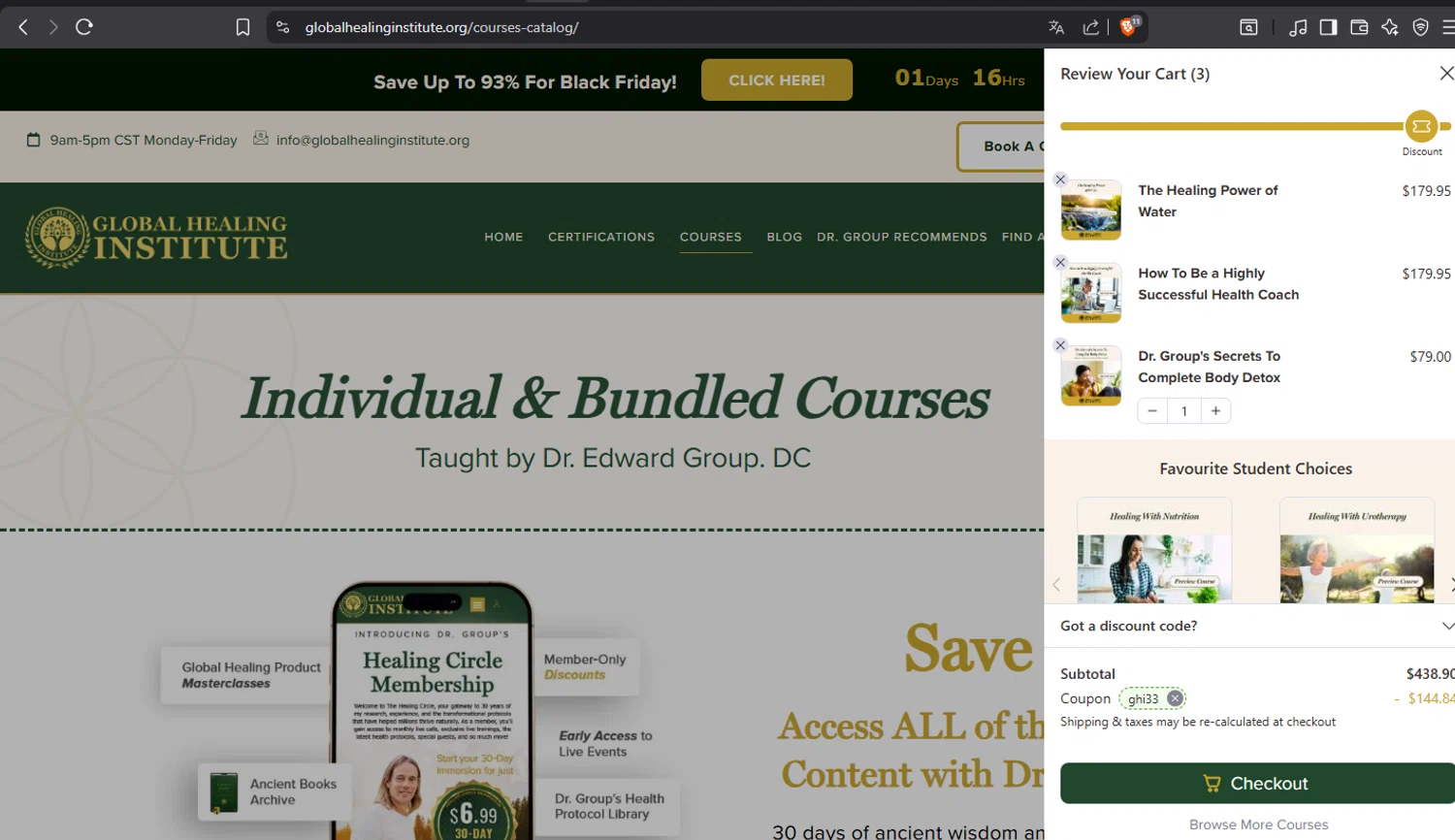 Global Healing Institute promo code screenshot showing code ghi33 applied at Global Healing Institute checkout page. Uploaded by SimplyCodes community member crischidy25 on Dec 2, 2025