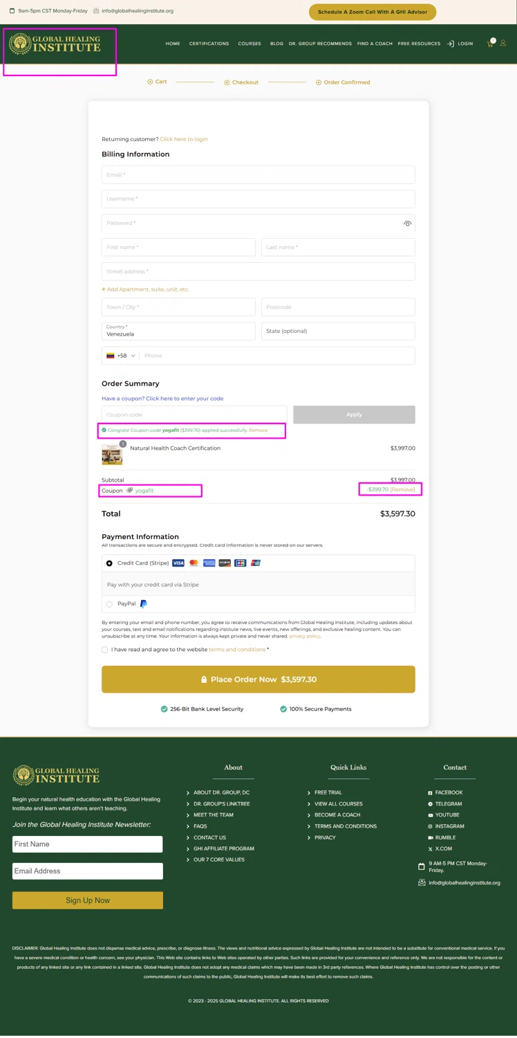 Global Healing Institute promo code screenshot showing code YOGAFIT applied at Global Healing Institute checkout page. Uploaded by SimplyCodes community member mrdarcy on Sep 28, 2025