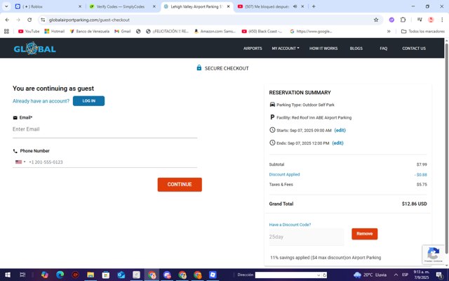 Global Airport Parking checkout page showing Global Airport Parking discount code box | Screenshot taken by SimplyCodes community member on Sep 7, 2025