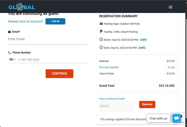 Global Airport Parking checkout page showing Global Airport Parking discount code box | Screenshot taken by SimplyCodes community member on Sep 2, 2025