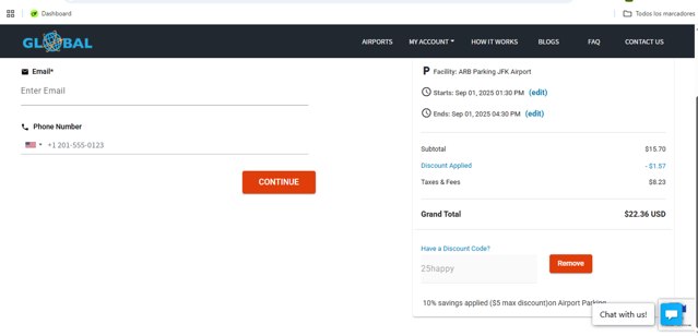 Global Airport Parking checkout page showing Global Airport Parking discount code box | Screenshot taken by SimplyCodes community member on Sep 1, 2025