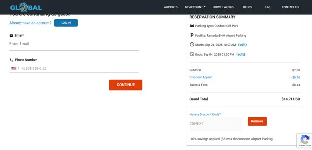 Global Airport Parking checkout page showing Global Airport Parking discount code box | Screenshot taken by SimplyCodes community member on Sep 4, 2025