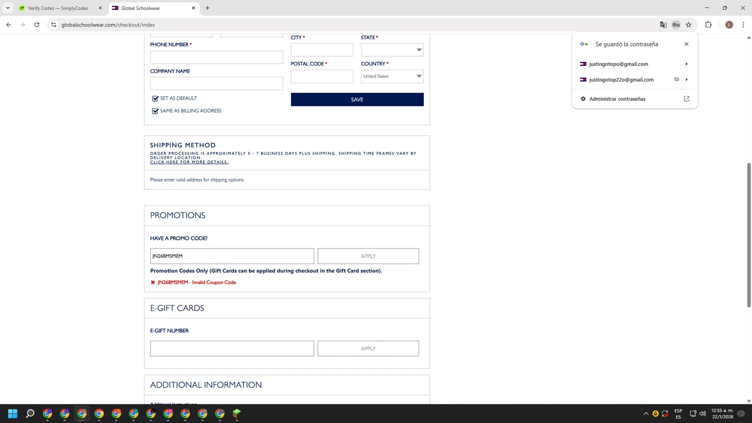 Global Schoolwear promo code screenshot showing code JN26BMSMEM applied at Global Schoolwear checkout page. Uploaded by SimplyCodes community member BENELLI on Jan 22, 2026