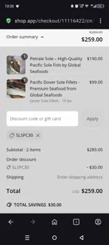 Global Seafoods North America coupon verification screenshot