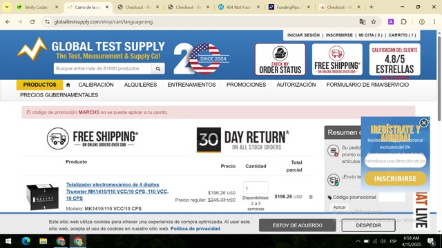 Global Test Supply checkout page showing Global Test Supply promo code box | Screenshot taken by SimplyCodes community member on Apr 15, 2025