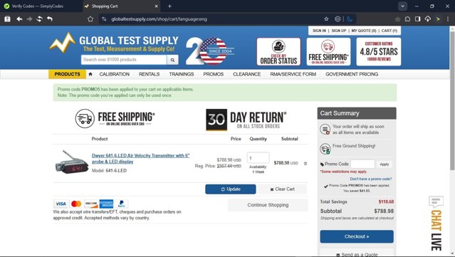 Global Test Supply checkout page showing Global Test Supply promo code box | Screenshot taken by SimplyCodes community member on Apr 17, 2025