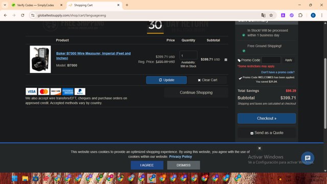 Global Test Supply checkout page showing Global Test Supply promo code box | Screenshot taken by SimplyCodes community member on Jun 12, 2025