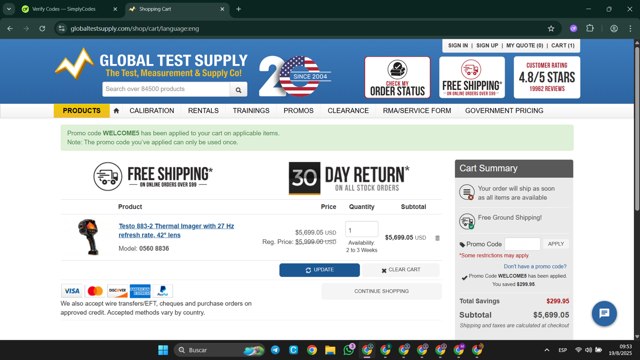 Global Test Supply checkout page showing Global Test Supply promo code box | Screenshot taken by SimplyCodes community member on Aug 19, 2025