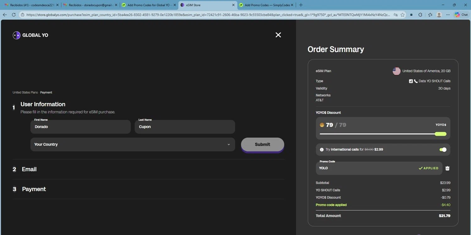 Global YO promo code screenshot showing code YOLO applied at Global YO checkout page. Uploaded by SimplyCodes community member Mdeoca on Jan 19, 2026