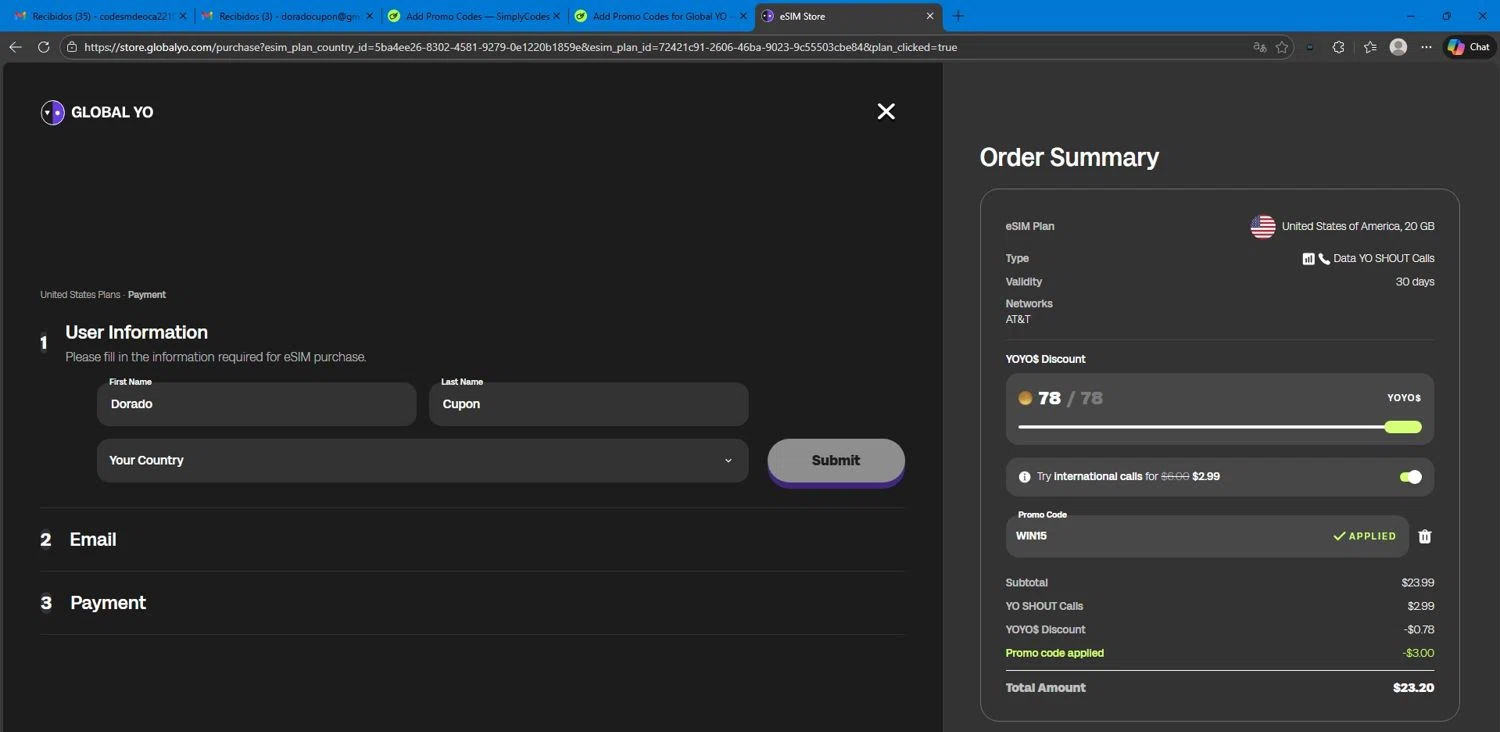 Global YO promo code screenshot showing code WIN15 applied at Global YO checkout page. Uploaded by SimplyCodes community member Mdeoca on Jan 14, 2026