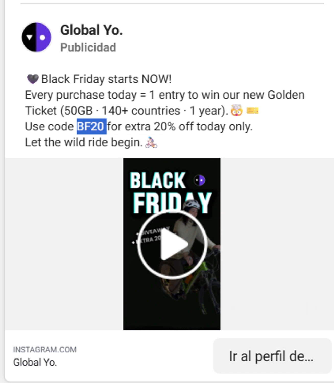 Global YO promo code screenshot showing code BF20 applied at Global YO checkout page. Uploaded by SimplyCodes community member antonietarodriguez96 on Nov 28, 2025