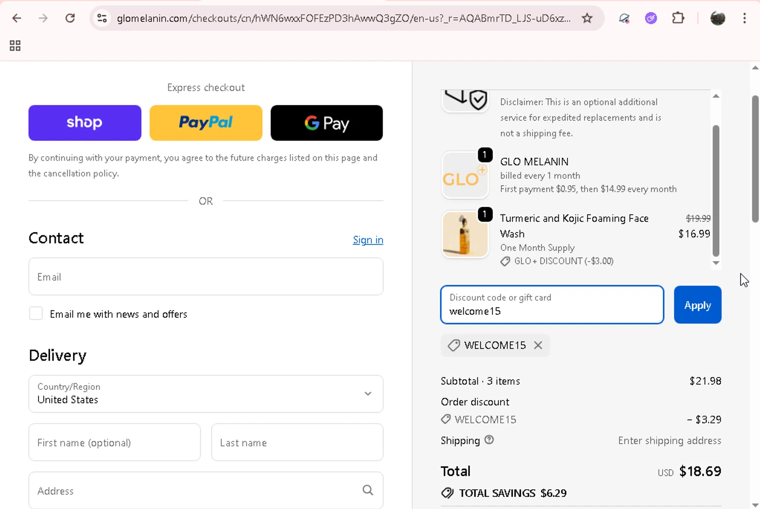 Glo Melanin discount code screenshot showing code welcome15 applied at Glo Melanin checkout page. Uploaded by SimplyCodes community member Jesusvasquezzz on Dec 28, 2025