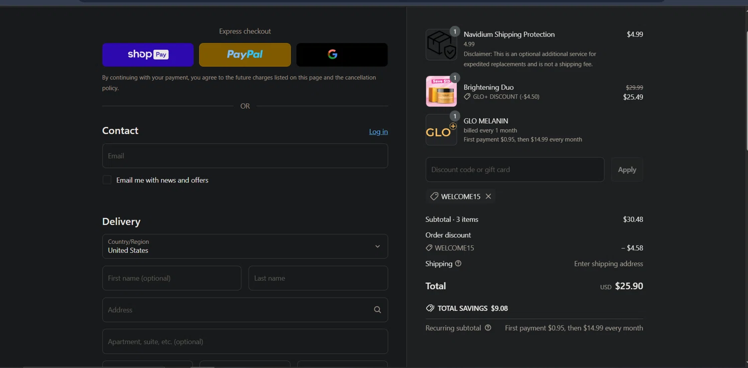 Glo Melanin discount code screenshot showing code welcome15 applied at Glo Melanin checkout page. Uploaded by SimplyCodes community member Ray_YNN on Apr 4, 2025