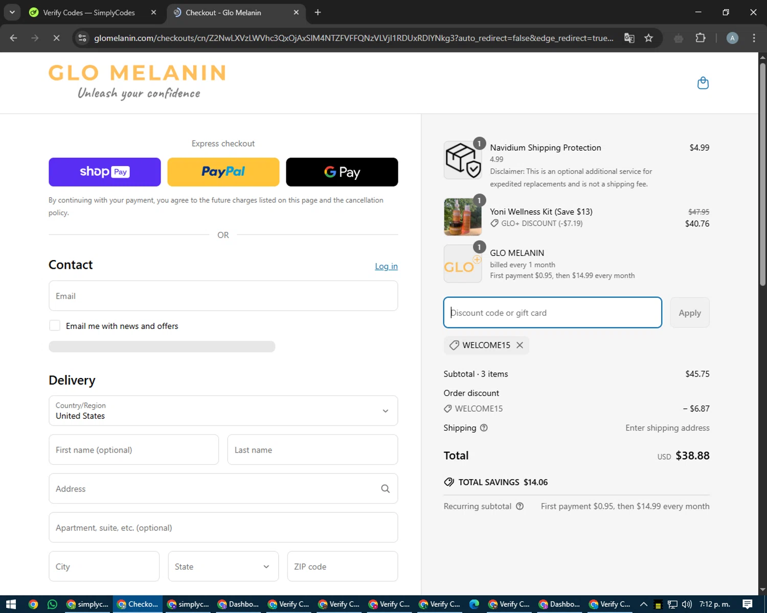 Glo Melanin discount code screenshot showing code welcome15 applied at Glo Melanin checkout page. Uploaded by SimplyCodes community member trippieredd on Apr 19, 2025