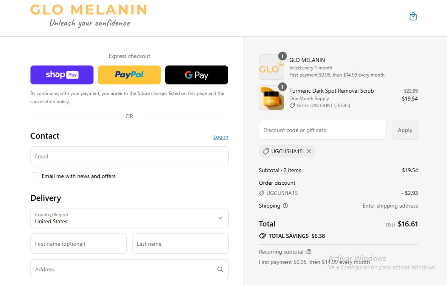 Glo Melanin discount code screenshot showing code UGCLISHA15 applied at Glo Melanin checkout page. Uploaded by SimplyCodes community member Gary_23 on Jul 27, 2025