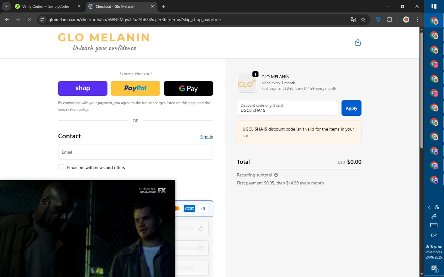 Glo Melanin discount code screenshot showing code UGCLISHA15 applied at Glo Melanin checkout page. Uploaded by SimplyCodes community member SalePhoenix823 on Sep 25, 2025