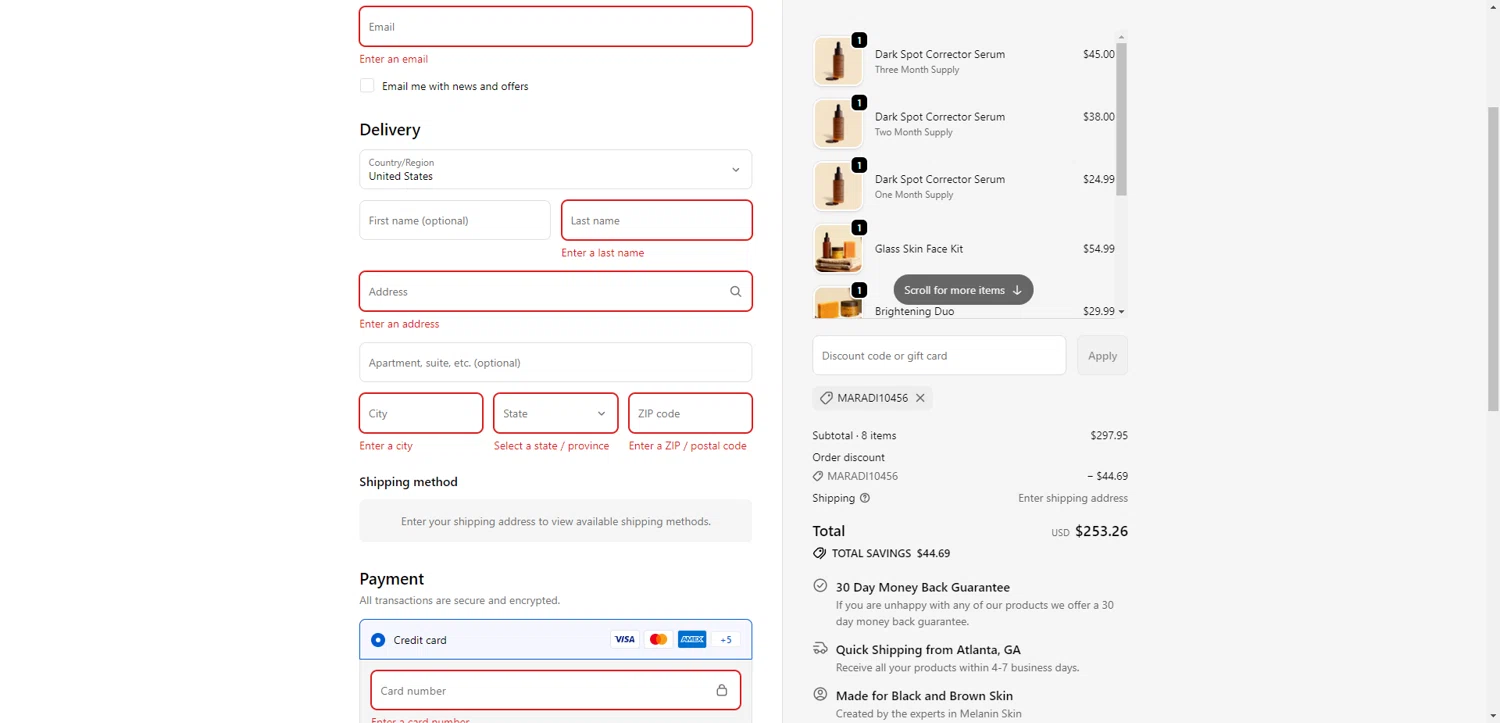 Glo Melanin checkout page showing Glo Melanin discount code box | Screenshot taken by SimplyCodes community member on Feb 18, 2026
