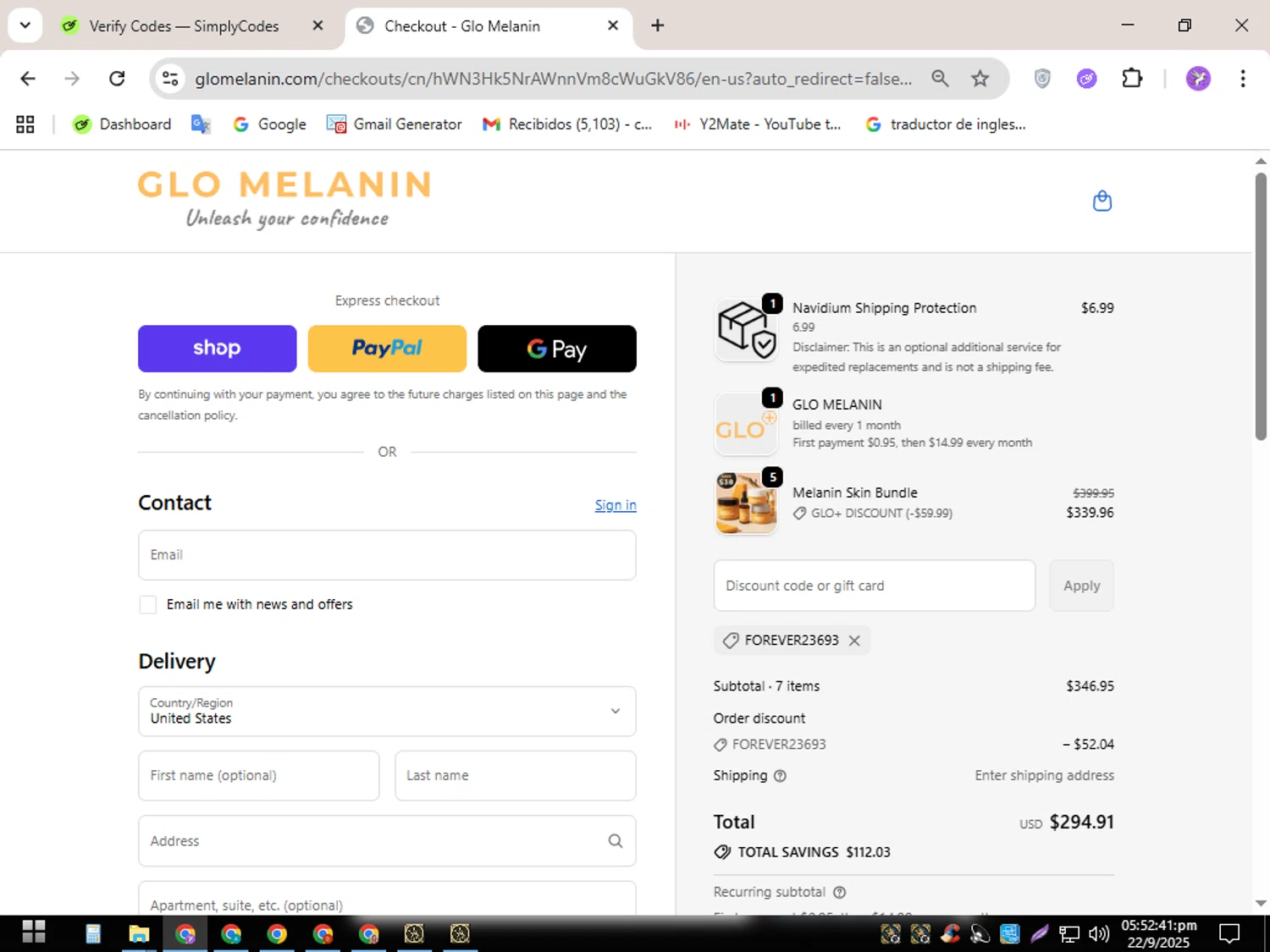 Glo Melanin discount code screenshot showing code FOREVER23693 applied at Glo Melanin checkout page. Uploaded by SimplyCodes community member CouponSentinel5832 on Sep 22, 2025