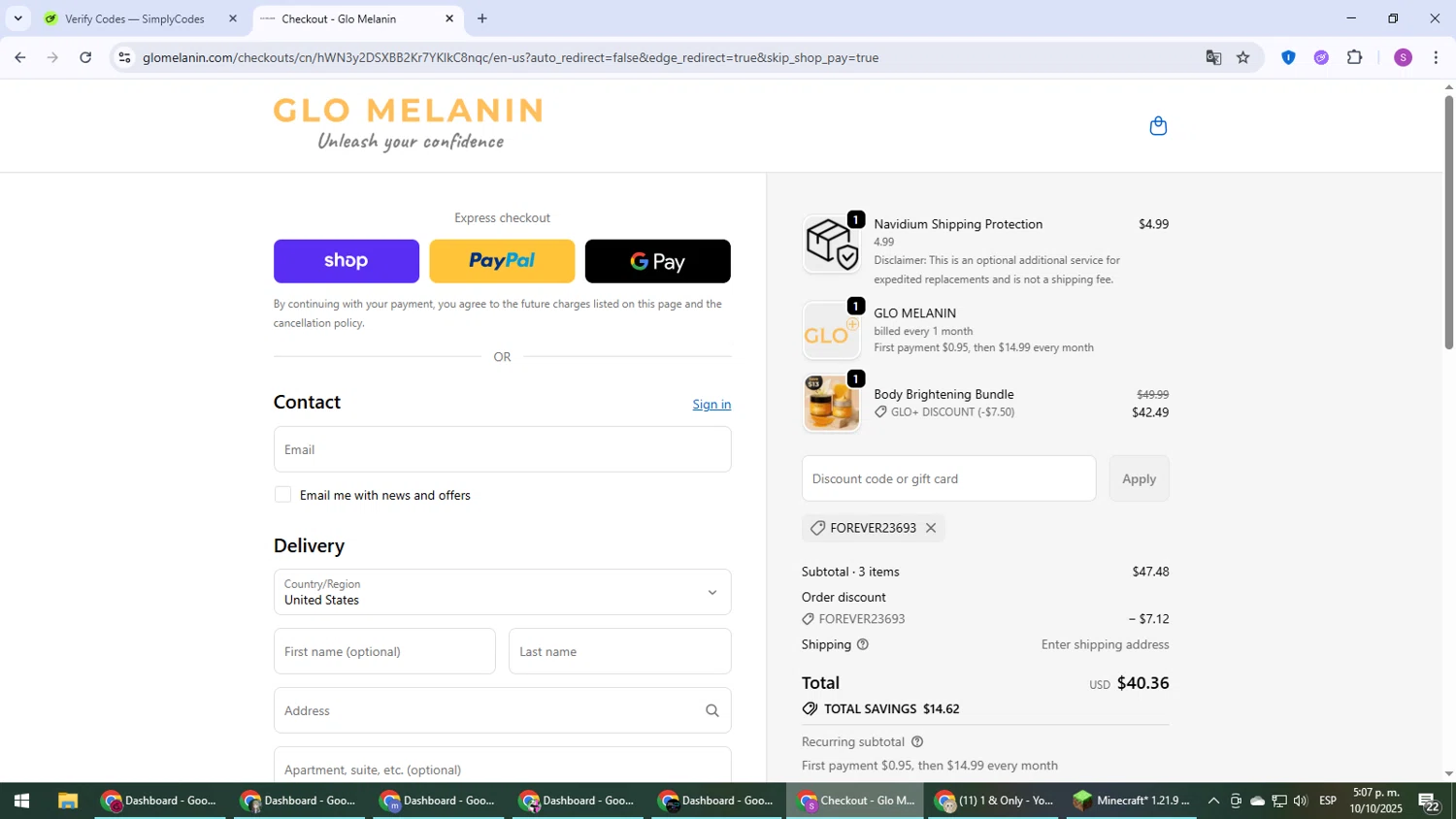 Glo Melanin discount code screenshot showing code FOREVER23693 applied at Glo Melanin checkout page. Uploaded by SimplyCodes community member Son_Goku on Oct 10, 2025