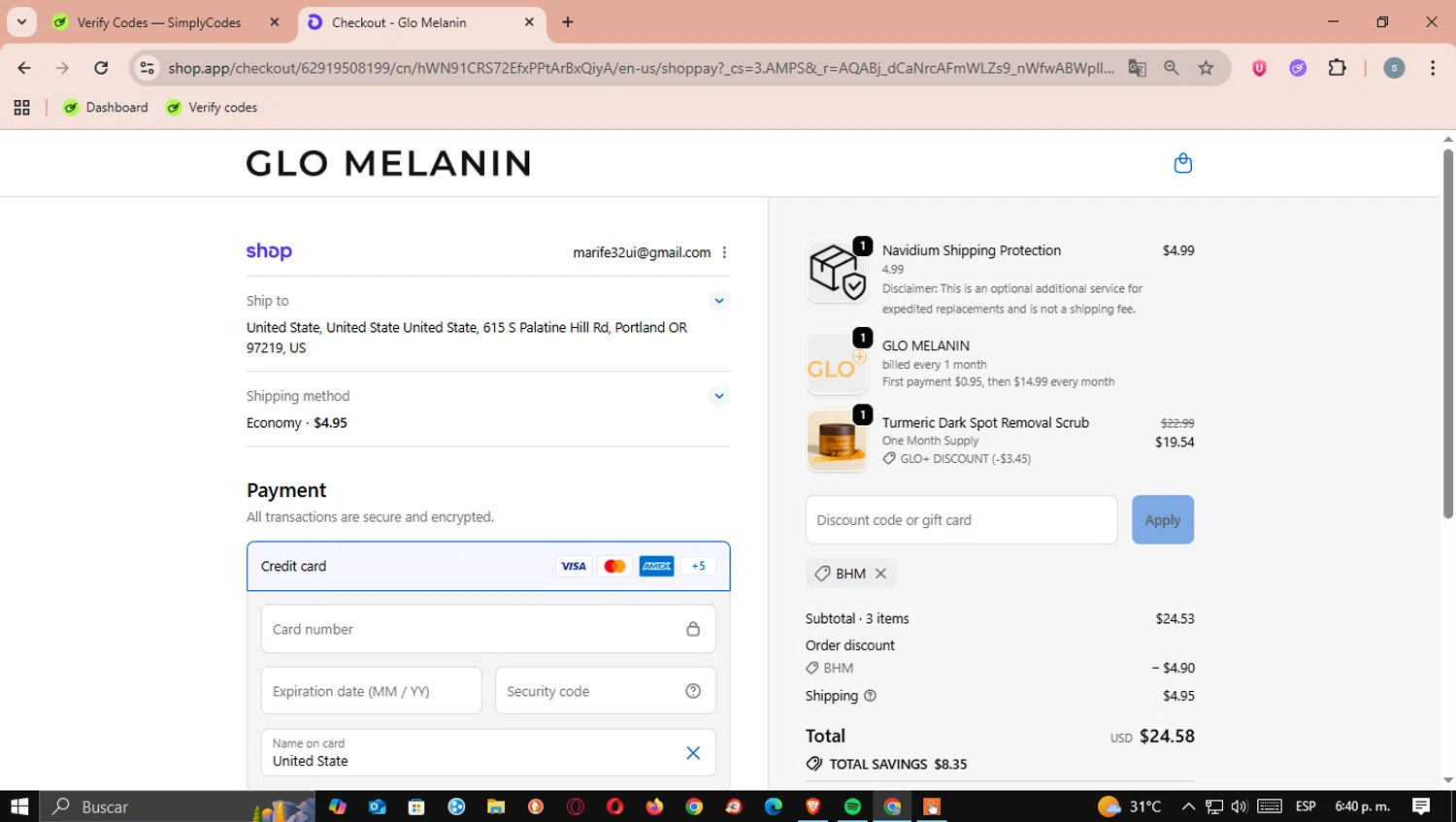 Glo Melanin checkout page showing Glo Melanin discount code box | Screenshot taken by SimplyCodes community member on Feb 20, 2026