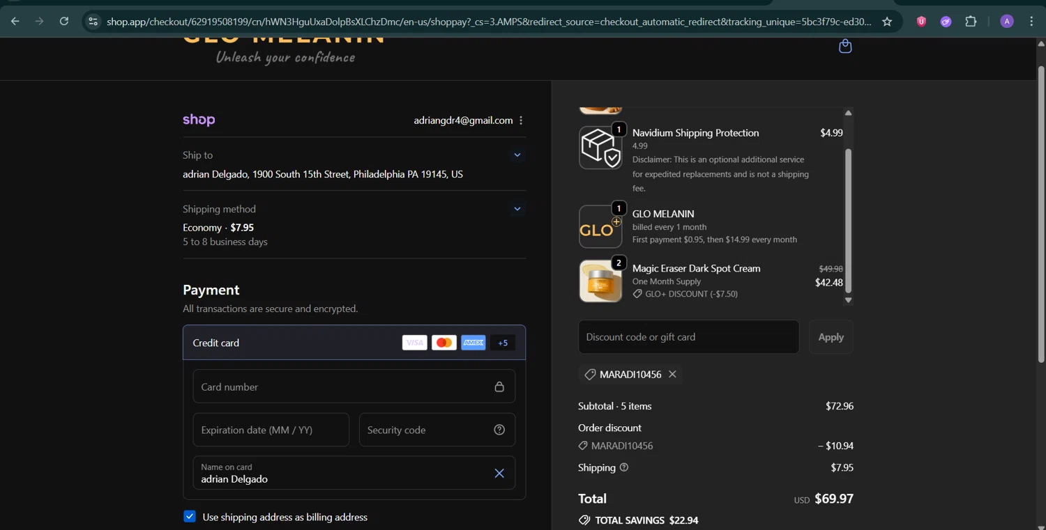 Glo Melanin discount code screenshot showing code MARADI10456 applied at Glo Melanin checkout page. Uploaded by SimplyCodes community member AGDR28 on Sep 22, 2025