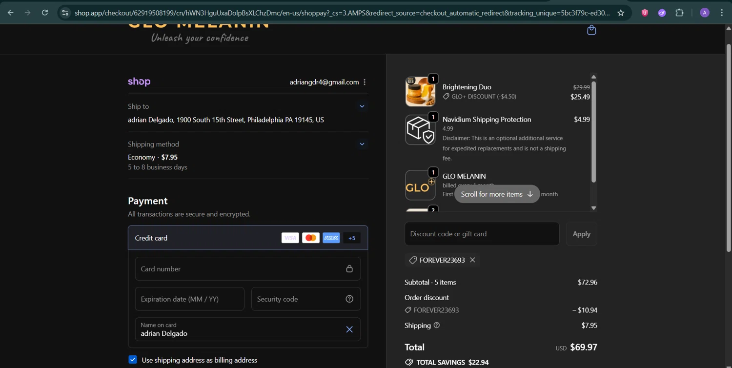 Glo Melanin discount code screenshot showing code FOREVER23693 applied at Glo Melanin checkout page. Uploaded by SimplyCodes community member AGDR28 on Sep 22, 2025