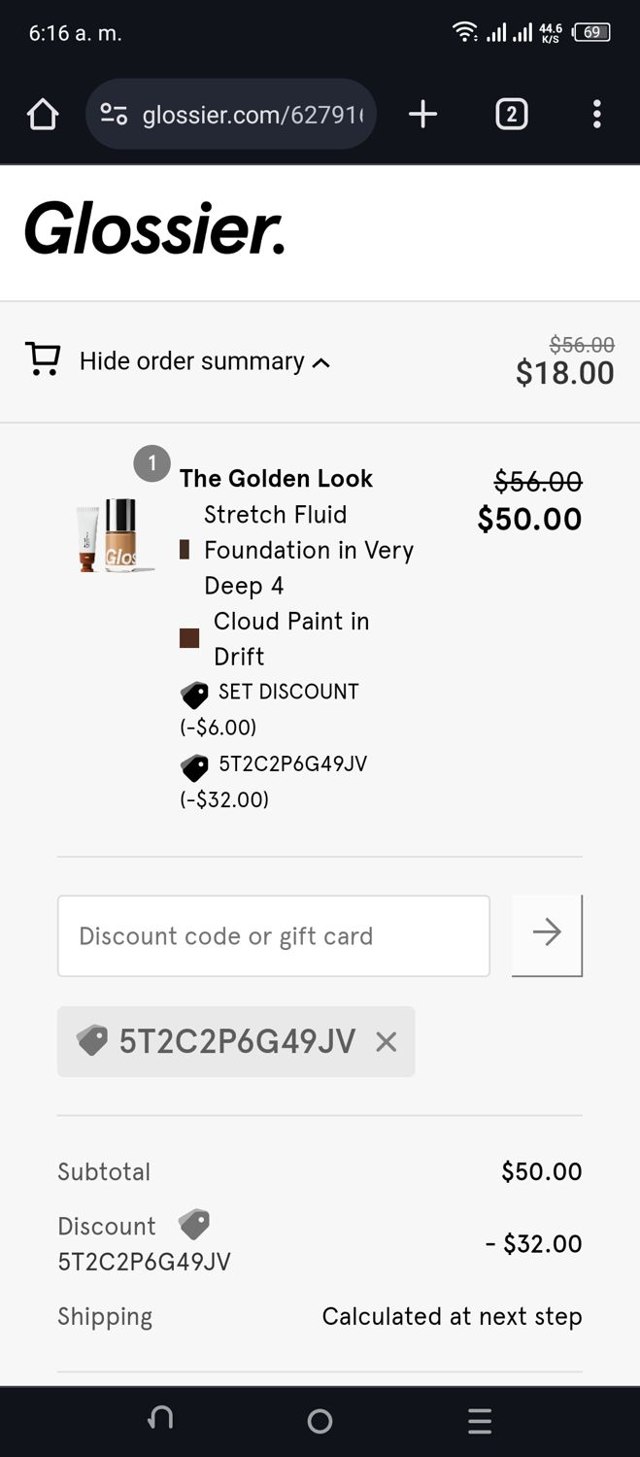 Glossier checkout page showing Glossier discount code box | Screenshot taken by SimplyCodes community member on Feb 22, 2024