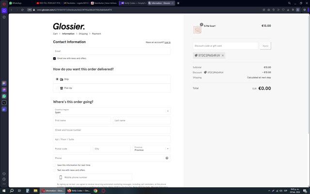 Glossier checkout page showing Glossier discount code box | Screenshot taken by SimplyCodes community member on Feb 28, 2024