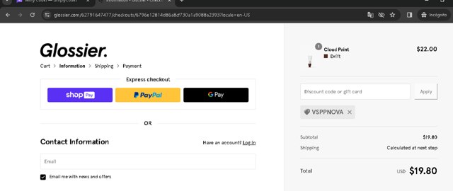 Glossier checkout page showing Glossier discount code box | Screenshot taken by SimplyCodes community member on Feb 22, 2024