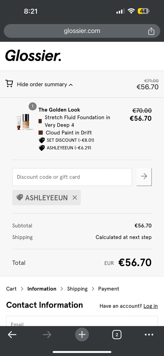 Glossier checkout page showing Glossier discount code box | Screenshot taken by SimplyCodes community member on Mar 1, 2024