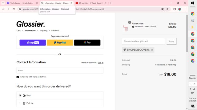 Glossier checkout page showing Glossier discount code box | Screenshot taken by SimplyCodes community member on Mar 3, 2024
