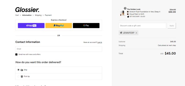 Glossier checkout page showing Glossier discount code box | Screenshot taken by SimplyCodes community member on Feb 25, 2024