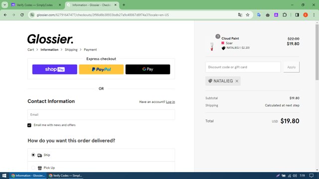 Glossier checkout page showing Glossier discount code box | Screenshot taken by SimplyCodes community member on Feb 26, 2024